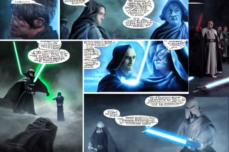 Image similar to photograph of the jedi order vs anakin vs palpatine