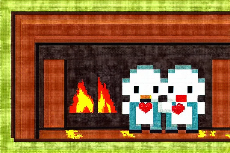 Prompt: two hedgehogs hugging in front of a fireplace, pixel art, log cabin