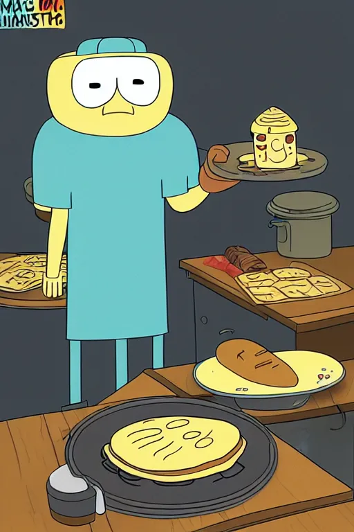 Image similar to mf doom making pancakes in style of adventure time, animation pixar style, by pendleton ward, magali villeneuve, artgerm, rob rey and kentaro miura style, golden ratio, trending on art station