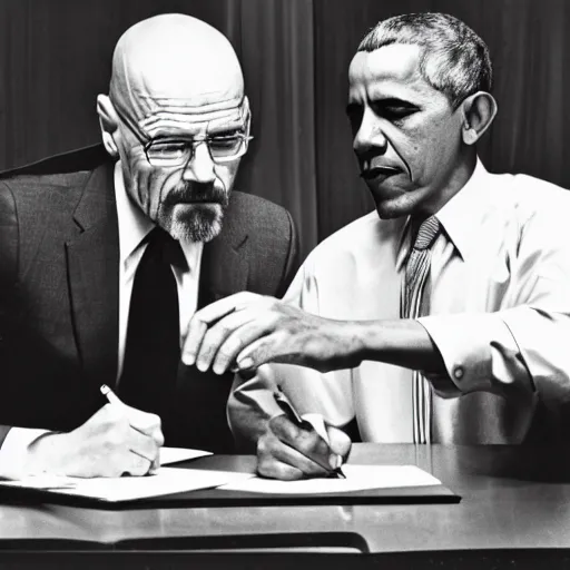 Image similar to Walter White and Barack Obama signing an agreement, 1967 photo