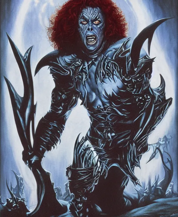 Prompt: Poster artwork of Tim Curry as Darkness from Legend (1985) by Gerald Brom, detailed