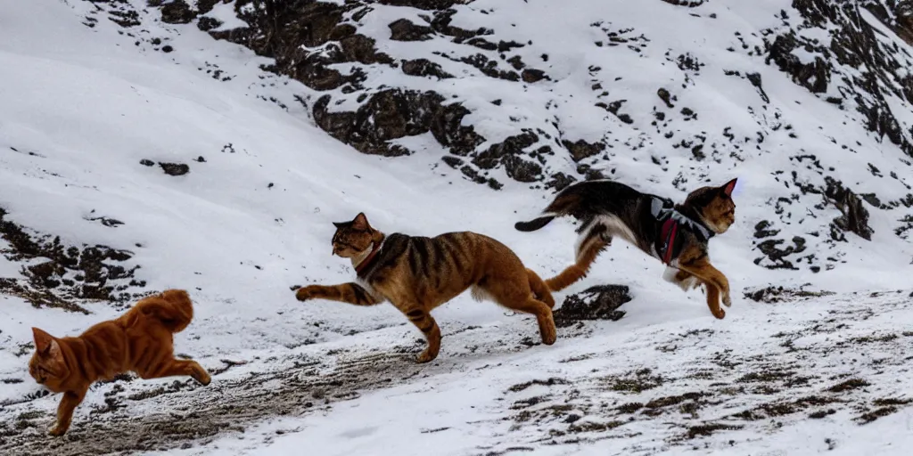 Prompt: a dog is chasing a cat in the top of a snow mountain