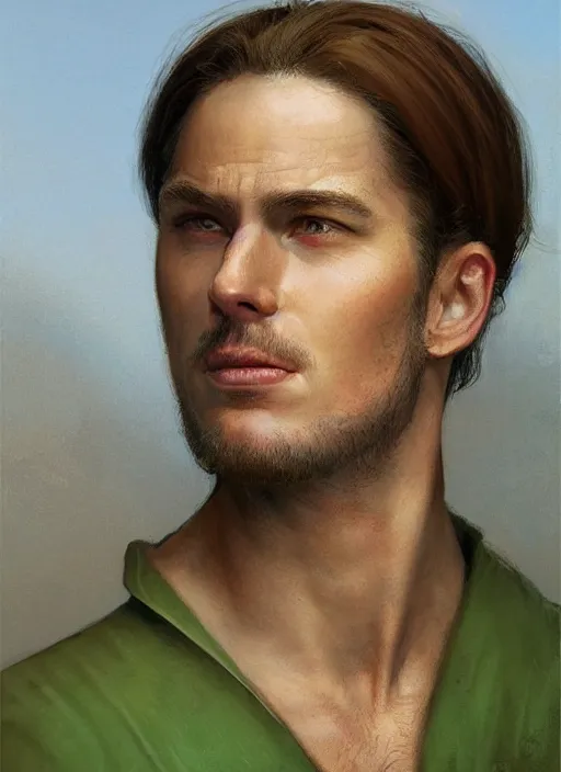 Image similar to a spiritual man in his twenties smirking with medium light brown hair tied back, light green eyes, a large forehead, a widows peak and a round face with high cheekbones and full lips as a realistic d & d fantasy character, portrait art by donato giancola and greg rutkowski, vintage retro, realistic face, digital art, trending on artstation