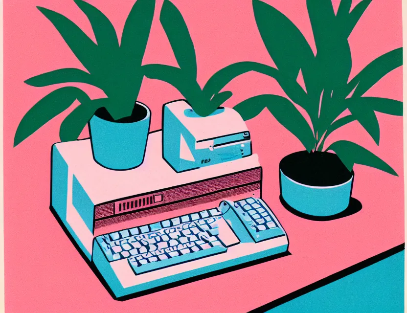 Image similar to 1 9 5 0 s risograph print of a retro computer on a table next to a potted plant, in shades of peach, pink, and teal gradient