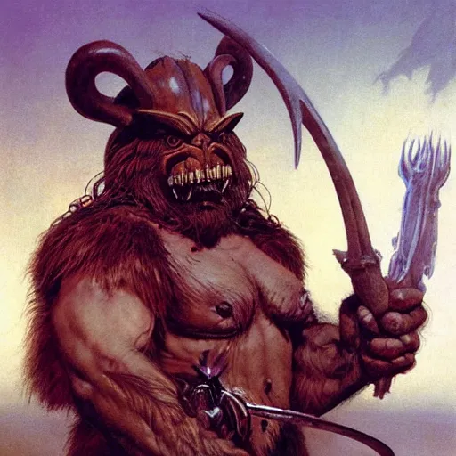 Image similar to quarter length portrait of a bugbear, d & d, fantasy, greg rutkowski, frank frazetta, alexandre chaudret, boris vallejo, michael whelan, miro petrov, hr giger, magali villeneuve, donato giancola