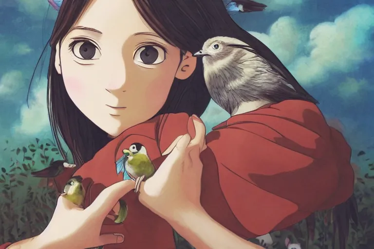 Image similar to young pretty girl holding a bird in her hands, looking touched, Fragile looking character portrait , beautiful scene; highly detailed art, by Studio Ghibli , High contrast, anime art