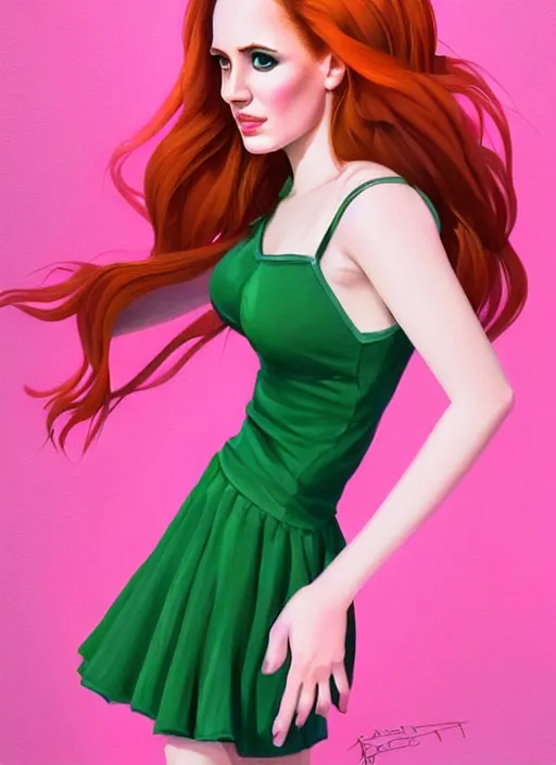 Image similar to full body portrait of teenage cheryl blossom, bangs, green eyes, sultry expression, red hair, sultry smirk, bangs and wavy hair, pink skirt, intricate, elegant, glowing lights, highly detailed, digital painting, artstation, concept art, smooth, sharp focus, illustration, art by wlop, mars ravelo and greg rutkowski