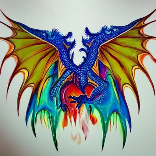 Image similar to “psychedelic pour painting with dragon that has many wings and eyes and claws, 8k, photorealistic, hyperrealism, detailed”