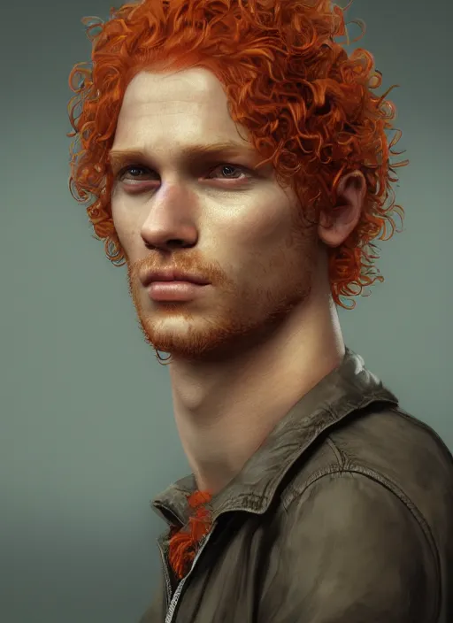 Image similar to portrait of a curly orange hair man, au naturel, hyper detailed, digital art, trending in artstation, cinematic lighting, studio quality, smooth render, unreal engine 5 rendered, octane rendered, art style by klimt and nixeu and ian sprigger and wlop and krenz cushart.