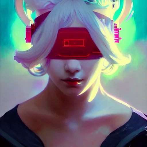 Prompt: a beautiful painting of a white hair cyberpunk blindfolded girl by sachin teng and pascal blanche and alphonse mucha! and ruan jia! and josan gonzalez!. in style of conceptual art. colorful comic, film noirs, akira, brush stroke, vibrating colors, hyper detailed. octane render. trending on artstation