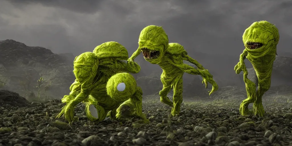 Prompt: a photo of 8 k ultra realistic tennis ball monsters, tennis ball monsters, alien exotic, cinematic lighting, trending on artstation, 4 k, hyperrealistic, focused, high details, unreal engine 5, cinematic, alien planet atmosphere in background, 3 d render by basil gogos