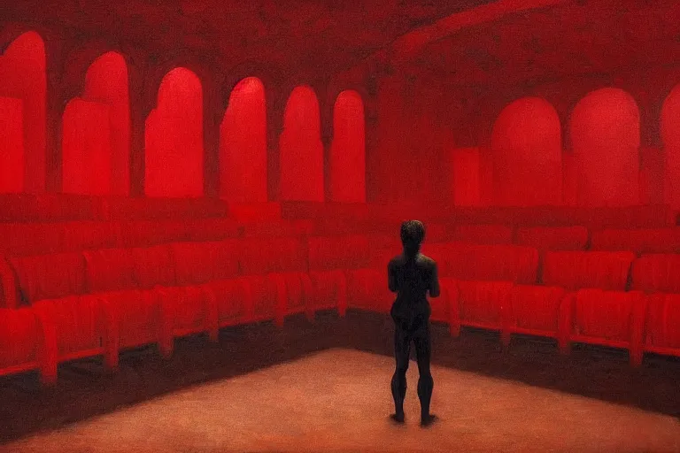 Image similar to only with red, crowd screaming, an exposed painting in a roman theater, in the style of beksinski, parts by edward hopper, parts by rodcenko, parts by yue minjun, intricate and epic composition, red by caravaggio, insanely quality, highly detailed, masterpiece, red light, artstation, 4 k