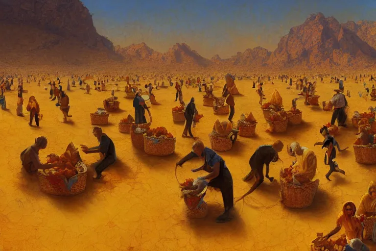 Prompt: detailed digital painting of a crowd of jews in the desert harvesting white manna, yellow orange and blue color scheme, by karol bak craig mullins and ross trann