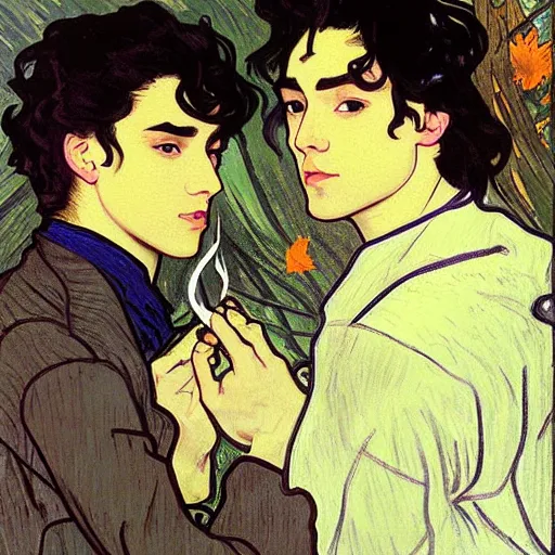 Image similar to painting of young cute handsome beautiful dark medium wavy hair man in his 2 0 s named shadow taehyung and cute handsome beautiful min - jun together at the halloween! party, bubbling cauldron!, candles!, smoke, autumn! colors, elegant, wearing suits!, clothes!, delicate facial features, art by alphonse mucha, vincent van gogh, egon schiele