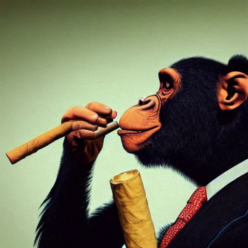 Image similar to a high detail photo of an antropomorphic chimp wearing a suit smoking a cigarrette, subject= chimp, subject detail: wearing a suit, subject action: smoking a cigarrette photorealism