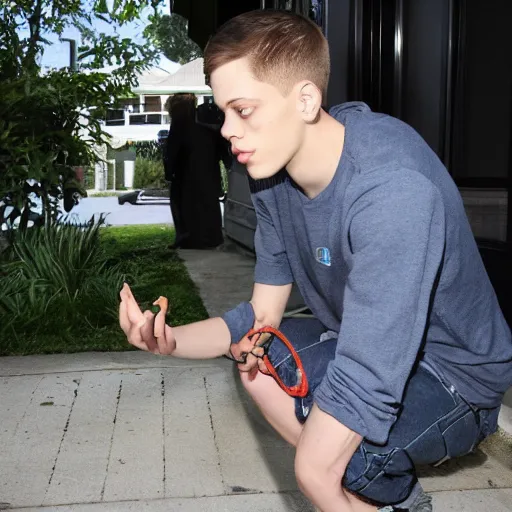 Prompt: pete davidson looking for his keys, really sad, probably can't find them