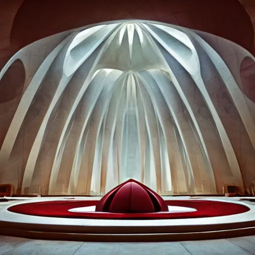 Image similar to interior of a futuristic lotus temple with gold, red and white marble panels, in the desert, by zaha hadid and buckminster fuller and syd mead, intricate contemporary architecture with art nouveau motifs, photo journalism, photography, cinematic, national geographic photoshoot