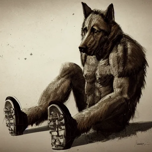 Image similar to a wounded humanoid german shepherd beast - man in military style, sitting on the carpeted floor beside a bed, highly detailed portrait, digital painting, artstation, concept art, smooth, sharp foccus ilustration, artstation