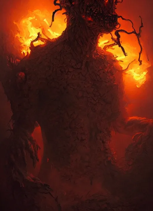 Prompt: terrifying monster of ash and smoke, eyes and mouth glowing like burning embers. beautiful fantasy art by michael whelan and greg rutkowski