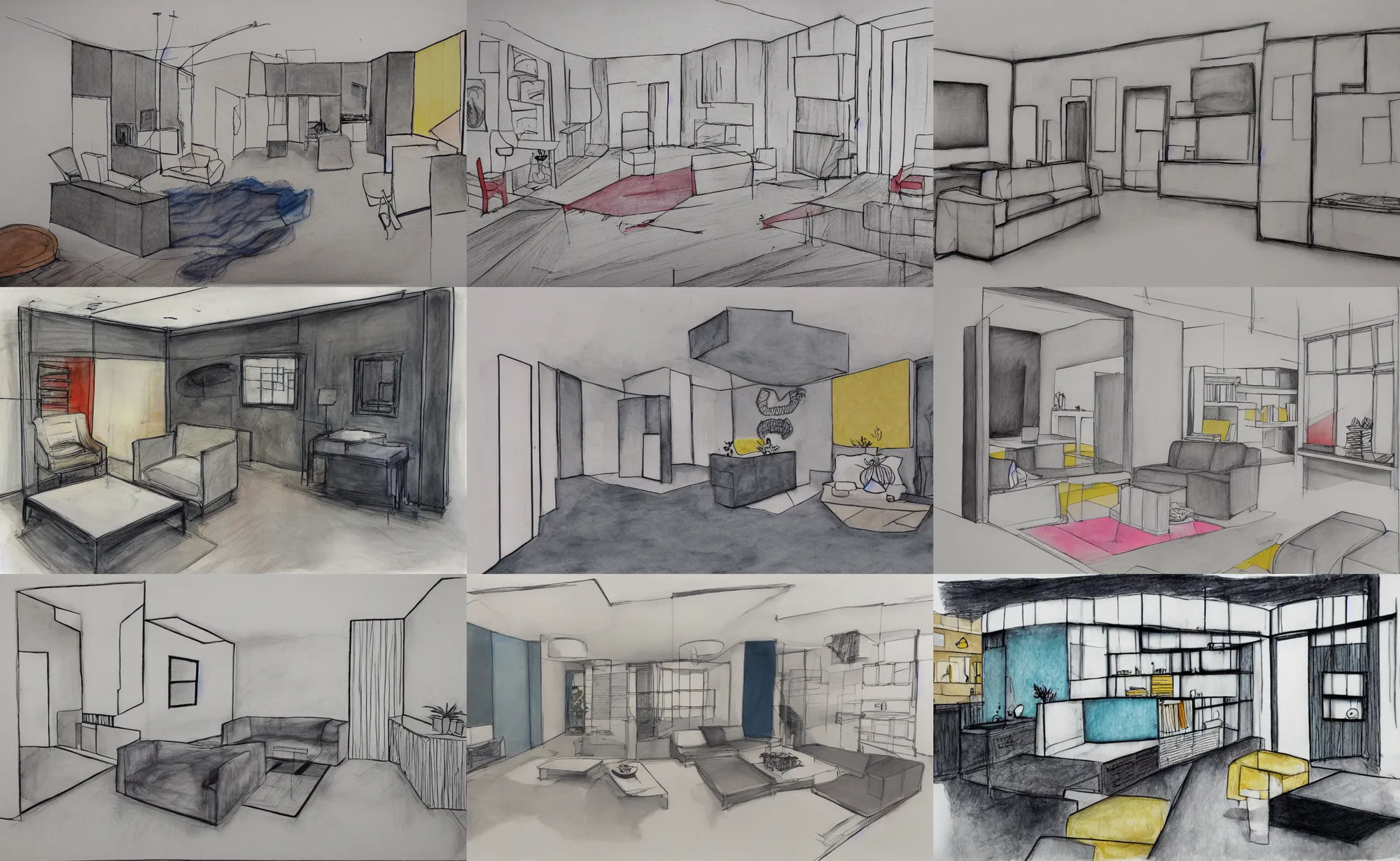 Prompt: Liminal Space interior, showroom appartment, color graphite and ink