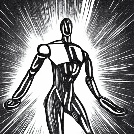 Image similar to a simple black and white pencil storyboard of a giant humanoid athletic sleek futuristic humanoid android powering up as small floating particles swirl around it, action lines