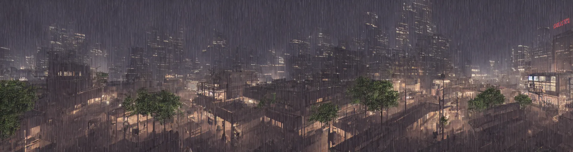 Image similar to raytracing night time city, lots of rain, realistic