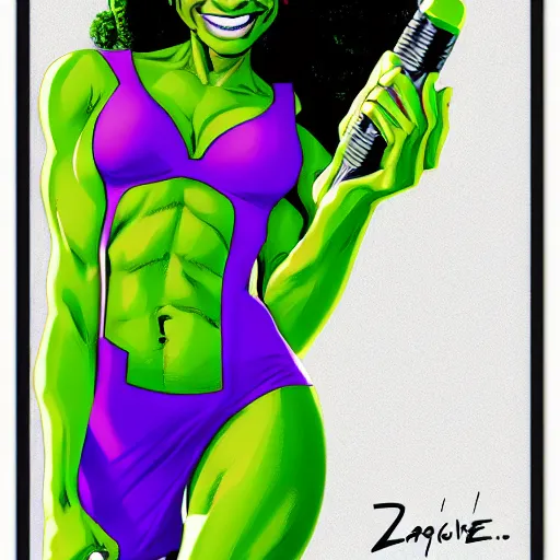 Image similar to Actress Zoe Saldana as She-Hulk, smiling, poster framed, comic pinup style, sports illustrated, detailed legs, artstation, illustration, posterized, Roge Antonio, Jen Bartel