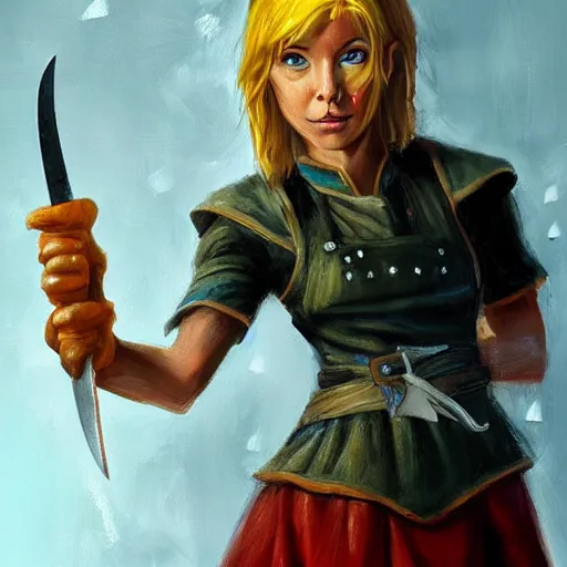 Prompt: Hard-eyed elf woman with short blonde hair wearing a kitchen maid's uniform and holding a chef's knife, standing in the rain, Dungeons and Dragons, character portrait, hyper realism, colorful