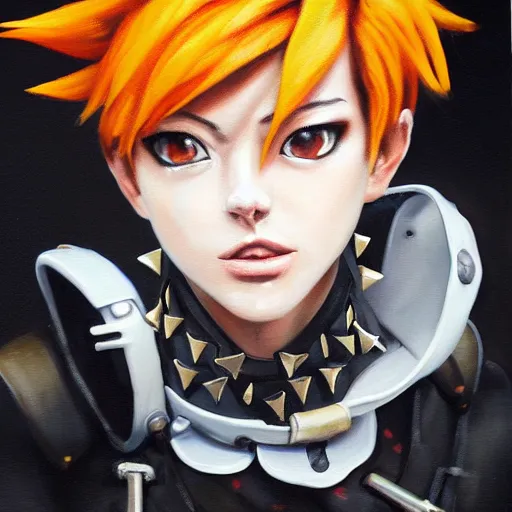 Prompt: oil painting of tracer overwatch in a field wearing spiked collar around neck, in style of martine johanna, expressive face, wearing choker with spikes, steel collar, detailed face, detailed eyes, full body, feminine face, tracer overwatch,