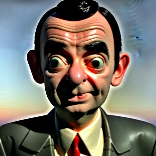 Image similar to mr. bean as a 3 d artist. movie still. cinematic lighting.