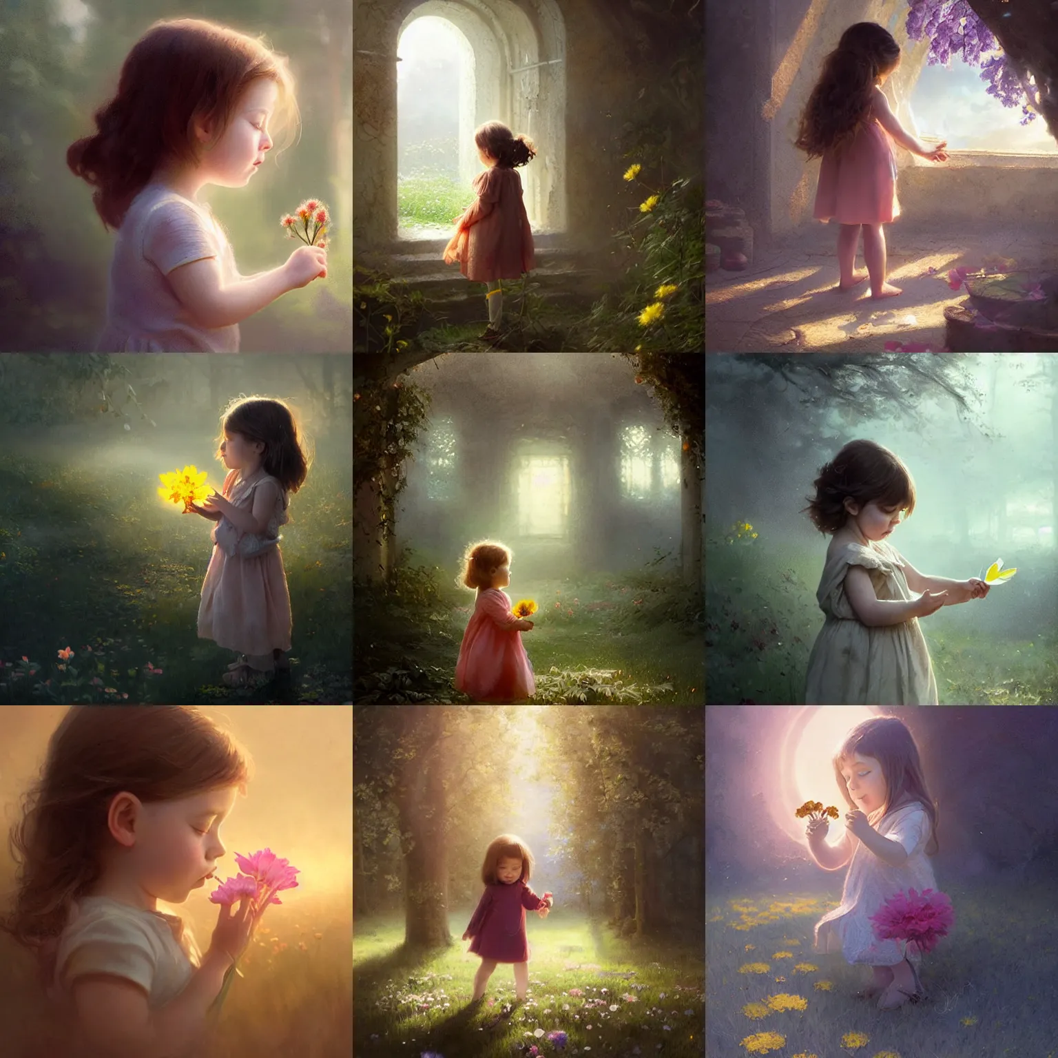 Prompt: cute 2 year old girl with light brown hair sniffing a flower. soft lighting. warm brilliance. magical atmosphere. matte painting by greg rutkowski.