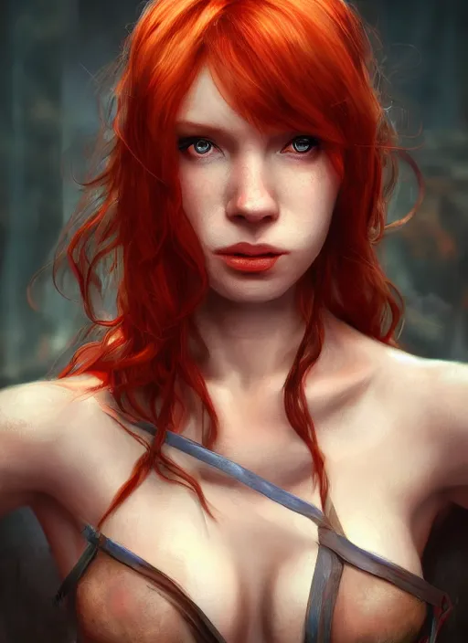 Image similar to Beautiful redhead girl which chest wrapped in bandages, portrait, fantasy, medieval, vivid colors, fantasy, elegant, concept art, sharp focus, beautiful face, digital art, Hyper-realistic, 4K, Unreal Engine, Highly Detailed, HD, Dramatic Lighting by Brom, trending on Artstation