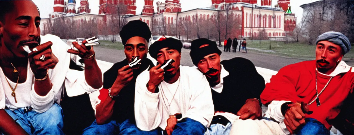 Prompt: old disposable camera picture with tupac shakur and elon musk smoking in soviet union, moscow, kremlin, very detailed, award winning professional photography