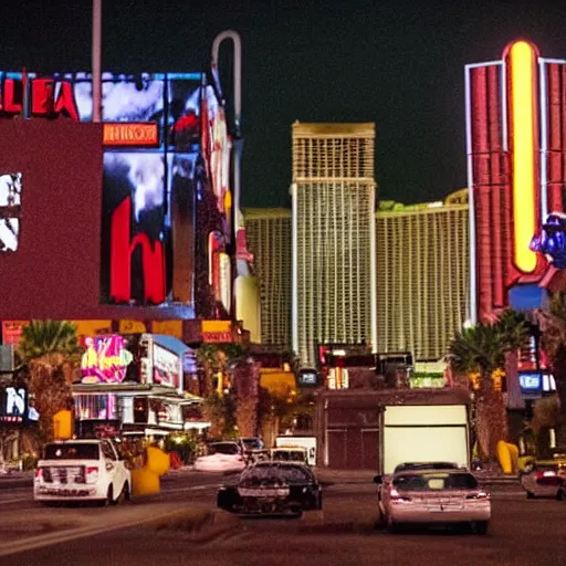 Image similar to a cinematic fill still from a 2015 horror movie aliens inhabit the city of Las Vegas, Las Vegas strip, directed by Wes Craven, shallow depth of focus