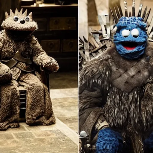 Image similar to cookie monster in game of thrones. sitting on the iron throne. looking evil.