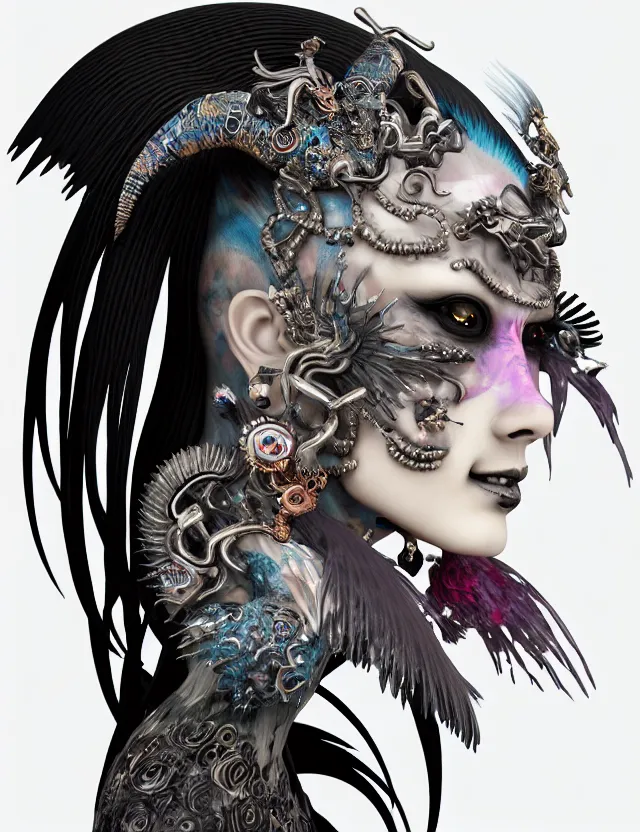 Image similar to 3 d goddess close - up profile portrait punk with mohawk in victorian style with ram skull. beautiful intricately detailed japanese crow kitsune mask and clasical japanese kimono. betta fish, jellyfish phoenix, bio luminescent, plasma, ice, water, wind, creature, artwork by tooth wu and wlop and beeple and greg rutkowski