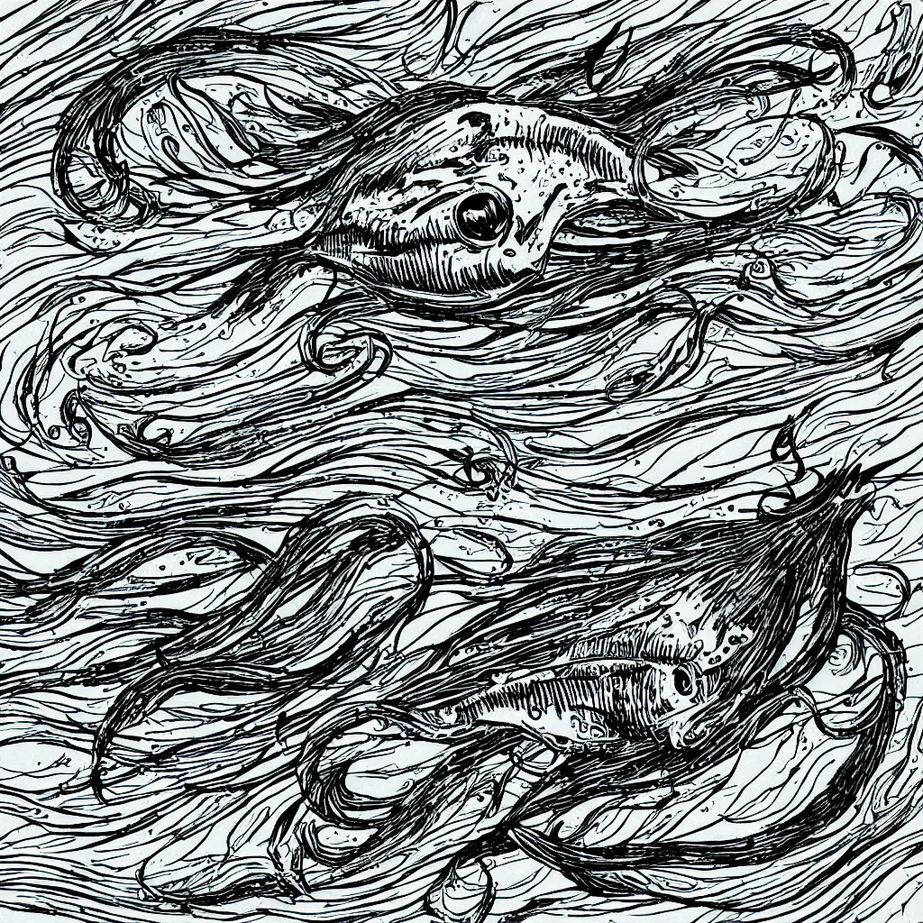 Prompt: Deep Sea Alien Fish Swimming through ink reflecting the night sky