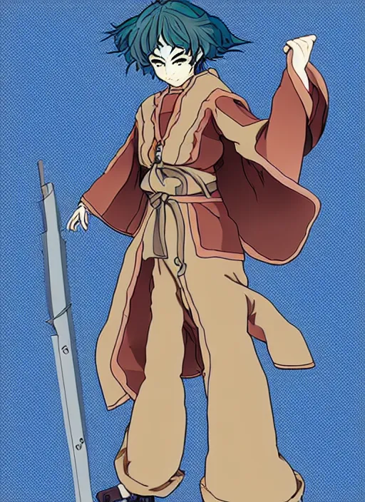 Image similar to cel - shaded anime character, full body design of an evil mountain bandit in the style of studio ghibli, moebius, ayami kojima, atelier lulua, clean linework