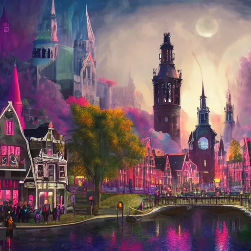 Prompt: A bustling magical town, witches and black cats are dancing around a colorful music festival, the large academy of magic and science can be seen towering in the distance, inspired by Victorian England and Amsterdam, highly detailed, digital painting, artstation, concept art, matte painting
