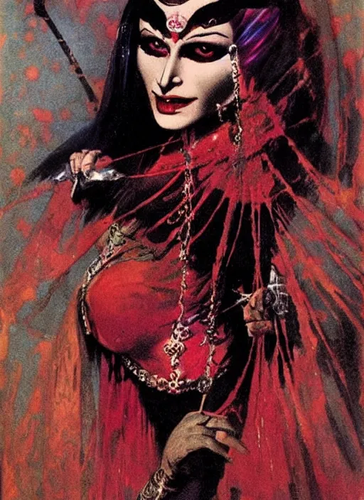 Image similar to female indian vampiress, jeweled veil, strong line, saturated color, beautiful! coherent! by frank frazetta, high contrast