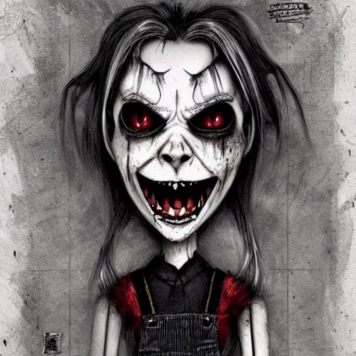 Image similar to grunge drawing of chucky by - michael karcz , in the style of corpse bride, loony toons style, horror themed, detailed, elegant, intricate