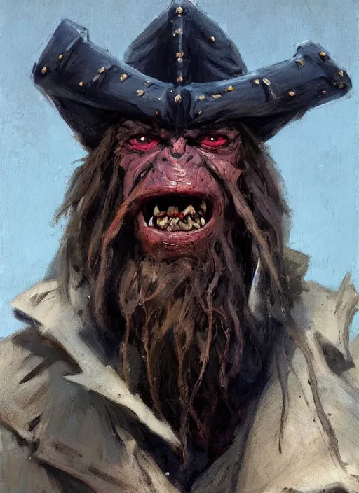 Image similar to A goblin pirate, gritty, fantasy character portrait, ocean background, artwork by Jeremy Lipkin and Giuseppe Dangelico Pino and Michael Garmash and Rob Rey, very coherent asymmetrical artwork, sharp edges, perfect face, simple form, 100mm