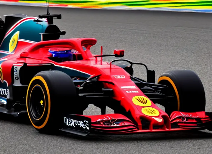 Image similar to live action photo of the 2 0 2 1 f 1 ferrari car, with clown themed livery, 8 k, hdr, sports photography