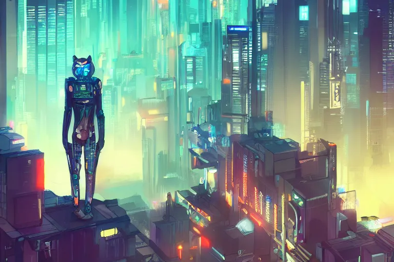Prompt: a transhuman fox in a cyberpunk city, trending on artstation, by kawacy, neon backlighting