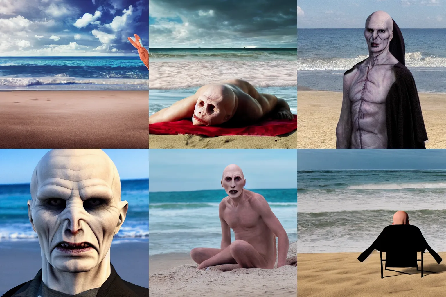 Prompt: Lord Voldemort character from Harry Potter chilling out on the beach. Photo highly-detailed realistic 4K