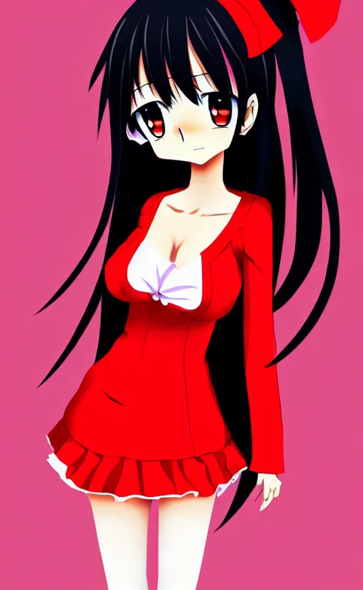 Prompt: anime girl with a detailed face and black hair in a red outfit, full body photo, illustration