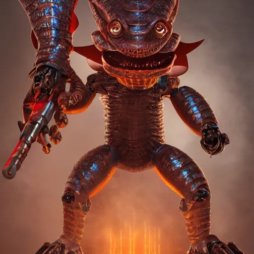 Prompt: robotic lizardfolk warrior made up of copper gold and silver elements wearing red goggles over eyes shooting a gun that is popping out of his open mouth at a horde of goblins, illustration, concept art, highly detailed, 8 k, matte, cinematic lighting, film grain,