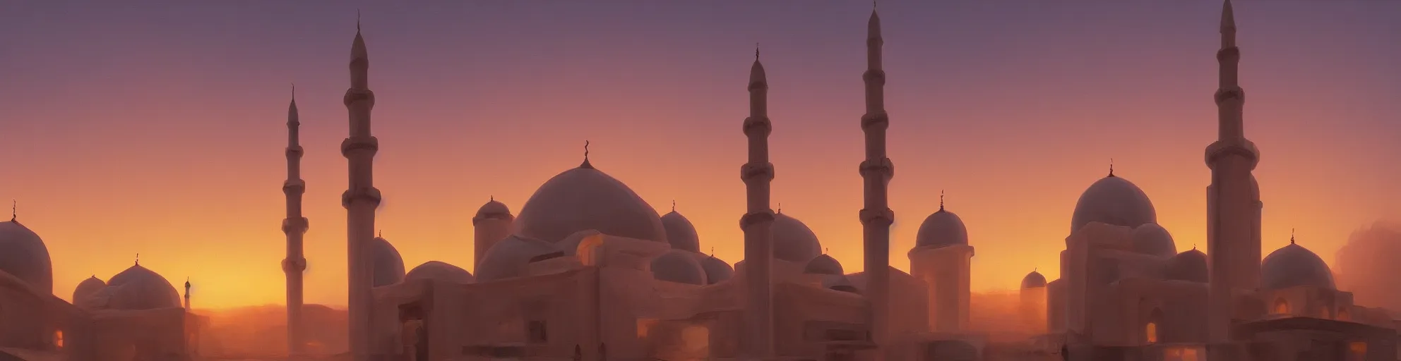 Prompt: Muslim Mosque at sunset, trending on artstation, by Noah Bradley