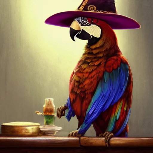 Prompt: Anthropomorphized parrot trader in his shop, portrait, items, magic potions, carpet, window, fancy hat, sly expression , cunning expression, cute expression, D&D, fantasy, cinematic lighting, highly detailed, digital painting, artstation, concept art, smooth, sharp focus, illustration, warm light, cozy warm tint, magic the gathering artwork, volumetric lighting, 8k, art by Akihiko Yoshida, Greg Rutkowski