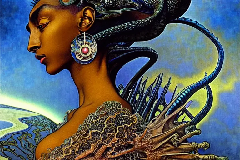 Prompt: realistic extremely detailed closeup portrait painting of a beautiful black woman wearing futuristic dress, dystopian landscape with a mutant dragon on background by Jean Delville, Amano, Yves Tanguy, Alphonse Mucha, Ernst Haeckel, Edward Robert Hughes, Roger Dean, rich moody colours